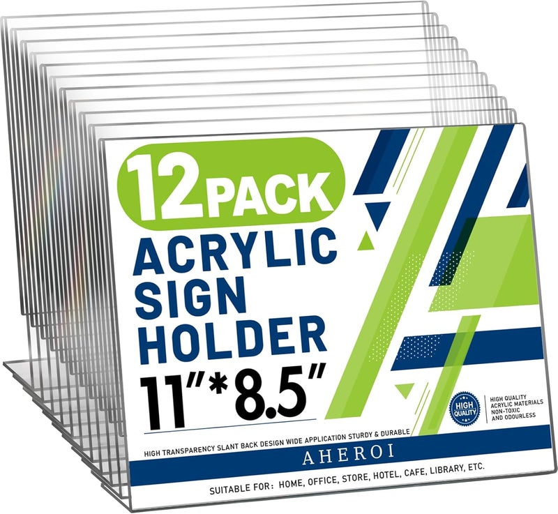 Aheroi 12 قطعة حامل لافتات أكريليك 8.5 × 11، حاملات لافتات شفافة أفقية 8.5 × 11، حامل ورق أكريليك على شكل L، حامل عرض ورق لافتات بلاستيكية لقوائم المستندات وإطارات الصور - Image 1